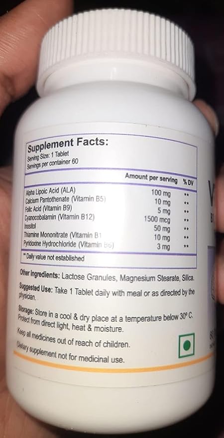 Vitamin B12 with B1 B5 B6 B9(Folic Acid) Alpha Lipoic Acid ALA &amp Inositol Supplements | Energy Management | Antioxidant | 60 Tablets