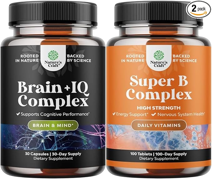Bundle of Nootropic Memory Supplement for Brain Support and Vitamin B Complex Adult Multivitamin - Vitamin B 12 Bacopa Monnieri Rhodiola Rosea DMAE - Natural Energy Supplement with Active B Complex