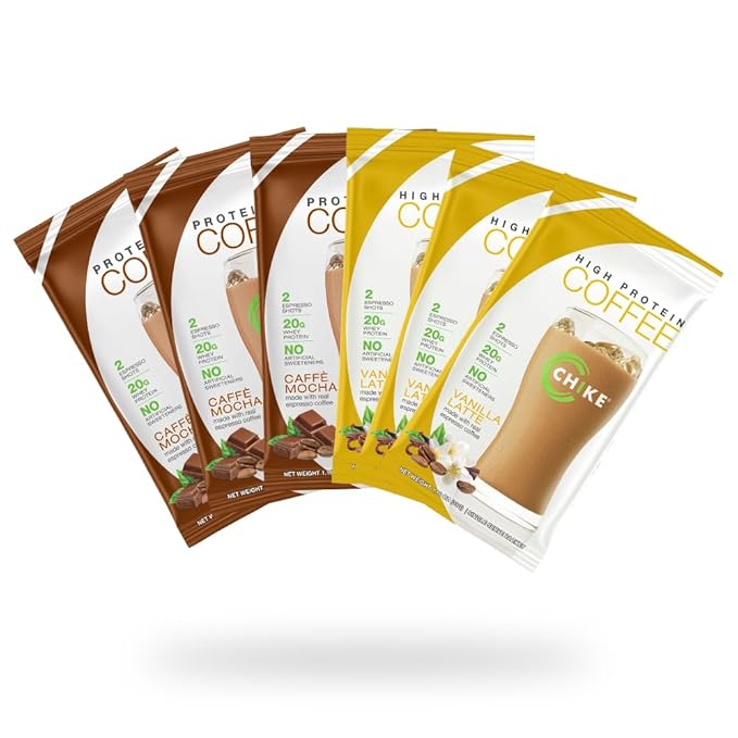 Chike High Protein Iced Coffee Naturally Sweetened Sampler Pack 20 G Protein 2 Shots Espresso Non-GMO Keto Friendly and Gluten Free 6 Single Serve Packets