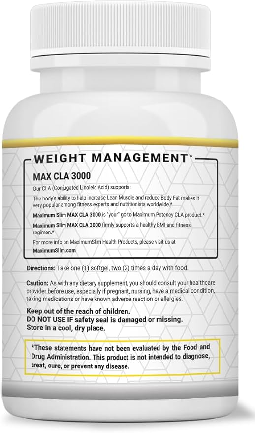 Maximum Slim MAX CLA 3000 High Potency Natural Weight Loss Exercise Enhancement Increase Lean Muscle Mass Non-Stimulating Non-GMO 95% Pure CLA 90 Count