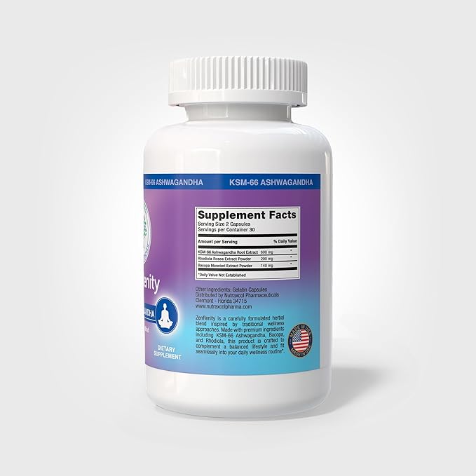 Nutraxcol ZenRenity – KSM-66 Ashwagandha for Women &amp Men with Rhodiola &amp Bacopa | Adaptogenic Blend for Mood Focus Energy &amp Daily Wellness – 60 Capsules