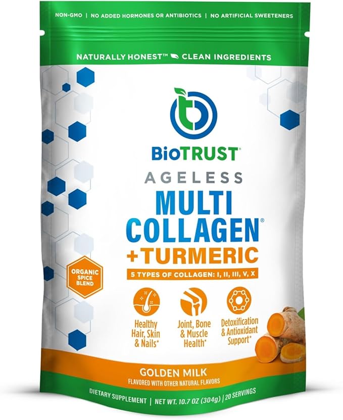 BioTrust Collagen Powder with Turmeric – 5 Types (I II III V X) – Turmeric Collagen Powder for Women &amp Men – Hydrolyzed Protein – Grass Fed Beef Fish Chicken Eggshell Membrane (Golden Milk)