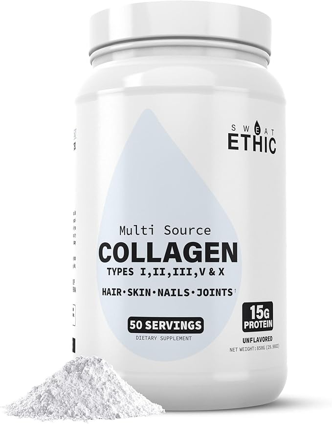 Sweat Ethic Multi Source Collagen Unflavored Collagen Peptides Powder Hydrolyzed Collagen Protein with 5 Types from Natural Sources 60 Calories Gluten Free Non GMO 50 Servings