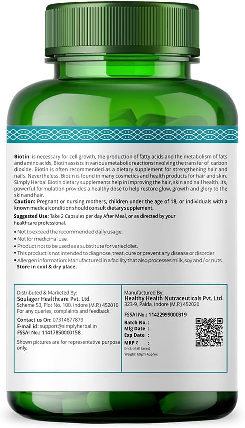 Simply Herbal Natural Biotin (Vitamin B7) Capsules for Healthy Hair Radiant Skin &amp Strong Nails - Enhanced with Keratin Multivitamins &amp Amino Acids - 90 Vegetarian Capsules for Men &amp Wom