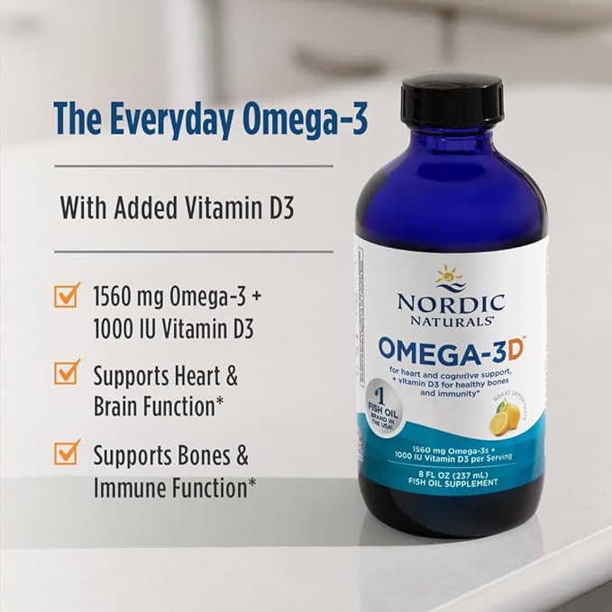 Nordic Naturals Omega-3D Lemon Flavor - 8 oz - 1560 mg Omega-3 + 1000 IU Vitamin D3 - Fish Oil - EPA &amp DHA - Immune Support Brain &amp Heart Health Healthy Bones - Non-GMO - 48 Servings