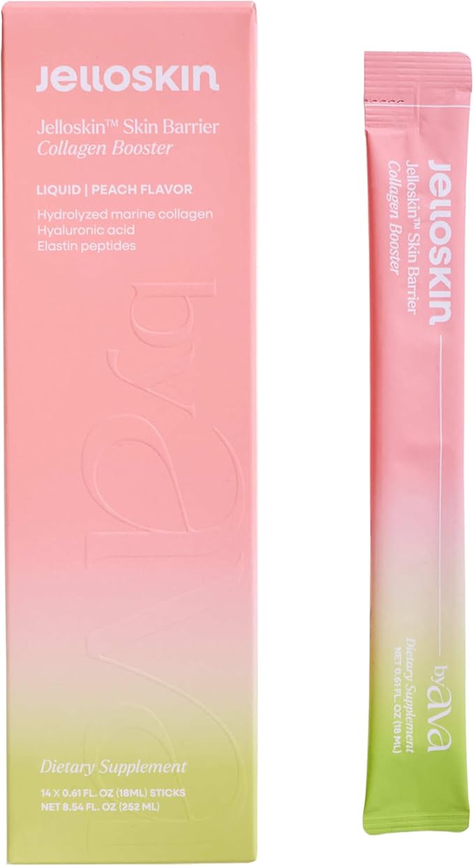 byAVA Jelloskin Skin Barrier Collagen Booster- Liquid Marine Collagen + Hyaluronic Acid + Elastin Peptides Supplements - Hair Skin and Nails | Hydrolyzed Fish Collagen for Women |Peach Flavor
