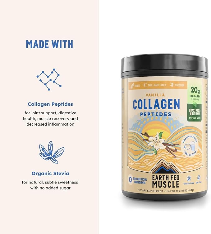 Earth Fed Muscle Grass Fed Collagen Peptides Powder Vanilla - Hydrolyzed Multi Collagen Types I and III for Hair Skin Nails Joints - Keto Paleo Protein Supplement for Women&ampMen (21 Servings Vanil