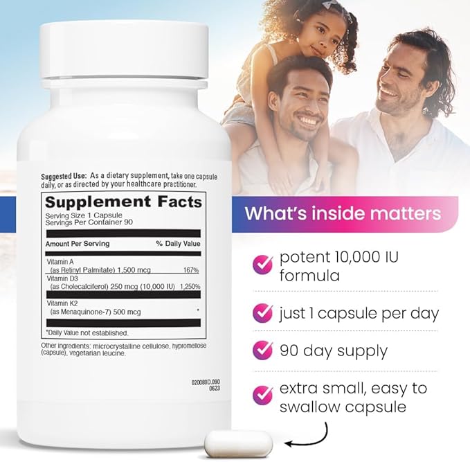 REVITALIZE ADK Vitamin Supplement 10000 IU - 90 Servings High Potency Vitamin A D3 &amp K2 (MK-7) for Bone Strength | Supports Heart Health and Immune Function - Convenient Capsule Form