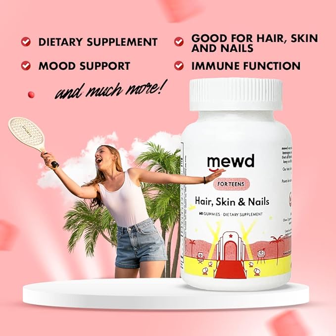 MEWD Teen and Kids Hair Skin+Nails Daily Multivitamin Gummy Strengthener Formula - Chewable Vitamin Supplements with BiotinZincVitamins A B &amp D3 for Girls &amp Boys 60 Made in USA