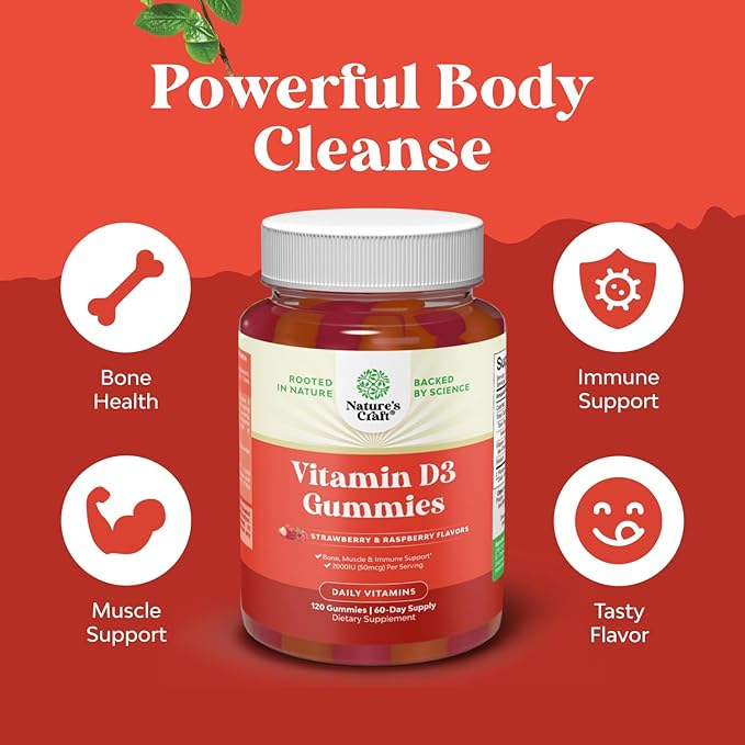 Natures Craft Vitamin D Gummies for Adults - Daily Immune Support Gummies with Vegan Vitamin D3 2000IU - D3 for Adults Wellness Non GMO Gluten Free - 120 Count (Pack of 1)