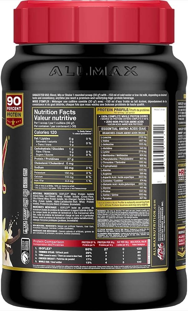 ALLMAX ISOFLEX Whey Protein Isolate Vanilla - 2 lb - 27 Grams of Protein Per Scoop - Zero Fat &amp Sugar - 99% Lactose Free - Gluten Free &amp Soy Free - Approx. 30 Servings