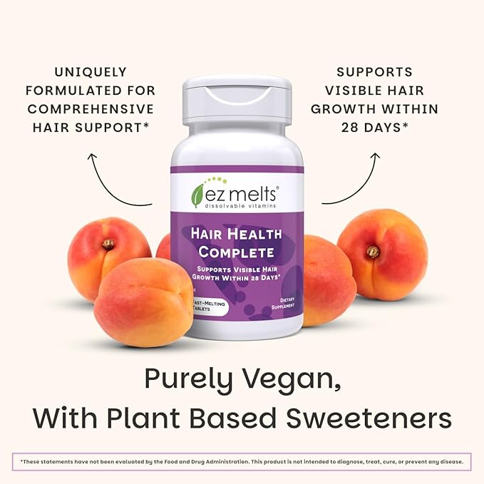 EZ Melts Hair Health Complete - Hair Supplement to Support Strength &amp Growth - Includes AnaGain Nu Biotin Apigenin Bambo Silica &amp More - 60 Sublingual Tablets (30 Servings)