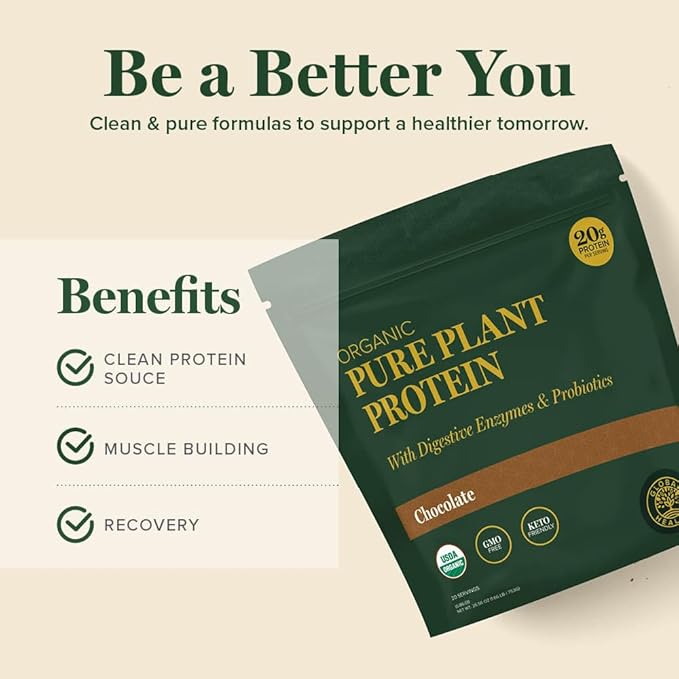 Global Healing Organic Plant Chocolate Protein Powder for Men and Women 20g - Dairy Free Protein Powder with Digestive Enzymes &amp Probiotics to Support Gut Health (1.6 Lbs)