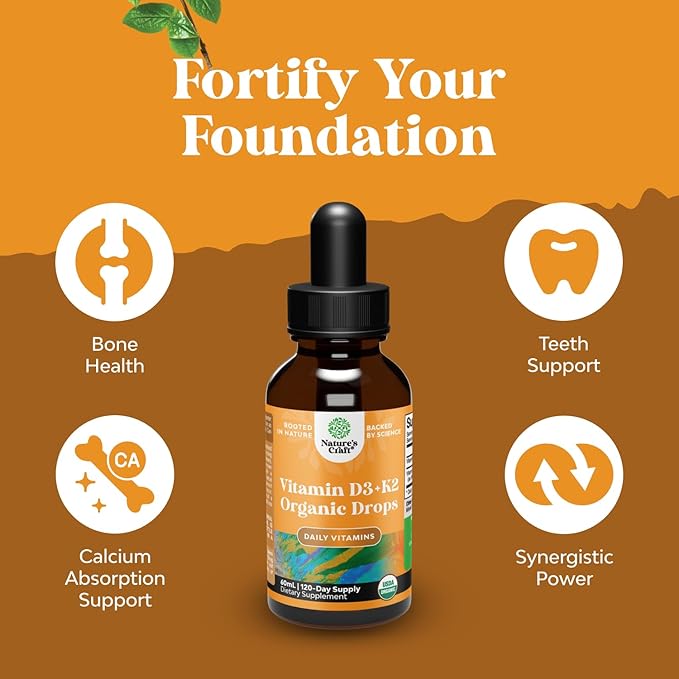 Natures Craft Liquid Vitamin D3 with K2 for Adults - Organic Drops 2000IU per Serving Vegan Bone Muscle Heart &amp Immune Support MCT Oil Enhanced Absorption - 2Fl Oz (Pack of 1)