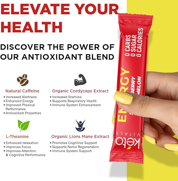 Keto Vitals Electrolyte Energy Drink Powder Packets - Electrolyte Supplement with 100mg Natural Caffeine L Theanine &amp Organic Lion's Mane Extract - Strawberry Watermelon Keto Powder Packets 30 C
