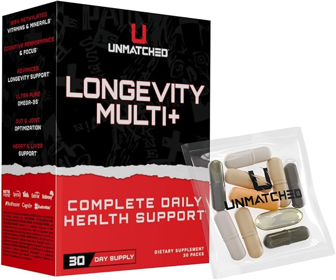 Unmatched Longevity Multi+ | Complete Daily Health Support | Methylated Vitamins &amp Minerals Omega-3s Nootropics &amp Longevity Agents | 30 Packs 30 Day Supply