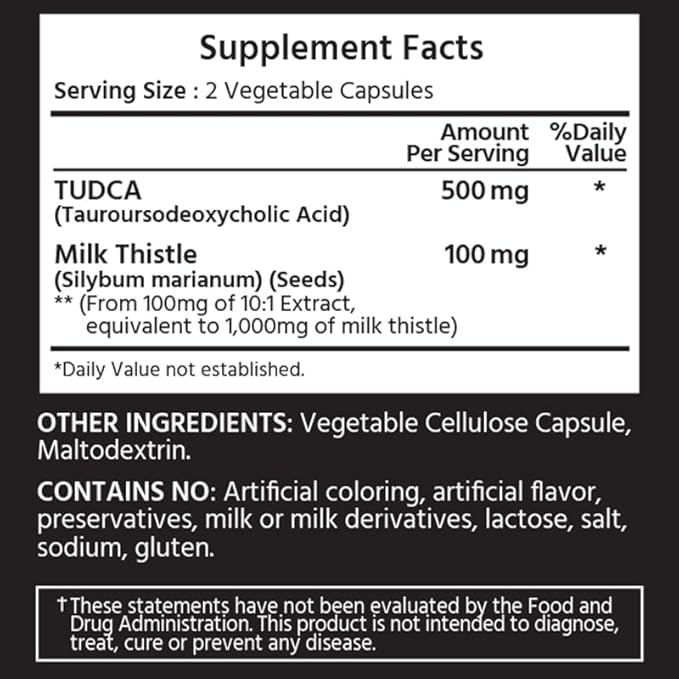 ML Naturals TUDCA with Milk Thistle 120 Vegetable Capsules TUDCA 500mg Milk Thistle 1000mg (100mg of 10:1 Extract) per Serving Gluten Free
