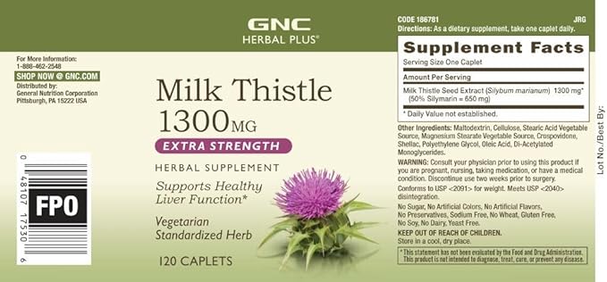 GNC Herbal Plus Milk Thistle 1300mg Twin Pack 120 Caplets per Bottle Supports Healthy Liver Function