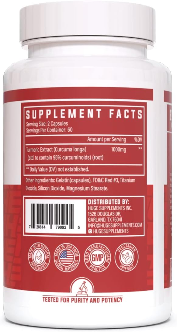 Huge Supplements Turmeric 1000mg of Pure Turmeric Root Extract per Serving 95% Curcuminoids Antioxidant Supplement Non-GMO Gluten-Free - 120 Capsules