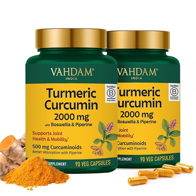 VAHDAM Turmeric Curcumin 2000mg (500mg Curcuminoids) with Boswellia &amp Piperine for Fast Absorption | Supports Joint Health and Mobility | 90 Capsules (Pack of 2)