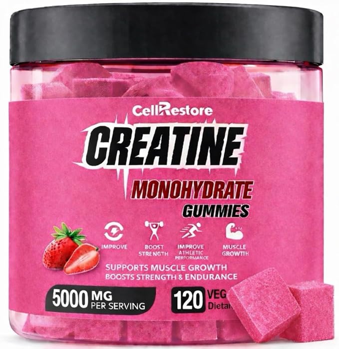 Creatine Monohydrate Gummies for Men &amp Women-5g of Creatine Monohydrate per Serving- Help Increase Strength and Build MuscleSugar FreeVeganStrawberry Flavor 120 Count