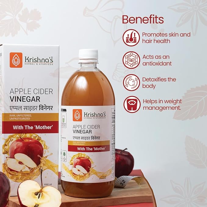 KRISHNA'S HERBAL &amp AYURVEDA Apple Cider Vinegar 1000 MlRawUnfilteredUnpasteurizedWith The Mother 1 l (Pack of 1) Standard