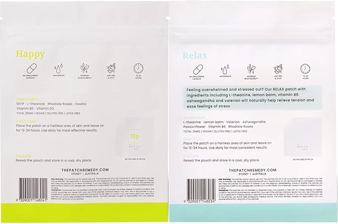 The Patch Remedy Happy &amp Relax Patch Kit - Patches with 5-HTP L-Theanine Rhodiola Rosea Inositol Vitamin B6 Vitamin D3 Ashwagandha Lemon Balm Valerian Passionflower