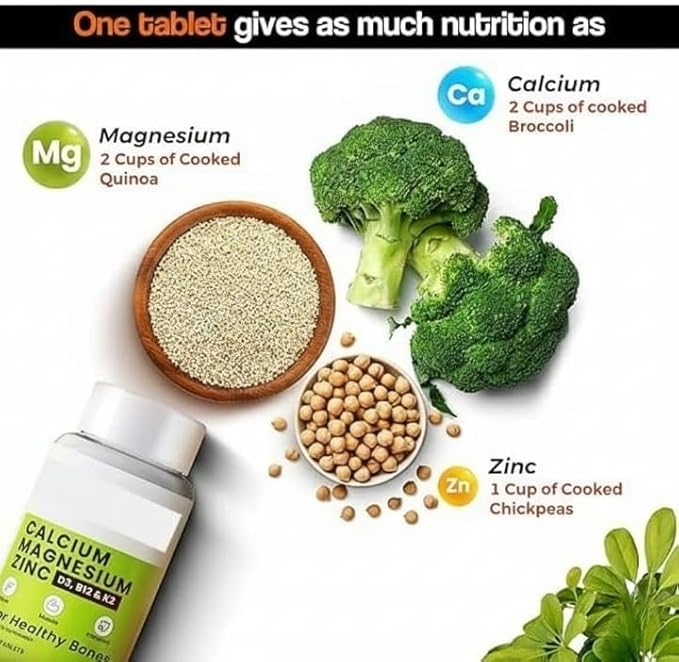 Calcium Magnesium Zinc with Vitamin D3 &amp B12 1000mg I 60 Veg Tablets|Support Strong Joints Health |for Both Men &amp Women 1 Count 60 Capsules