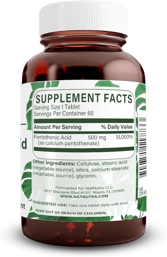 Natural Nutra Time Release Pantothenic Acid 500 mg Vitamin B5 Supplement Helps Break Down Fat and Carbohydrates Metabolism and Energy Improve Muscle Health Reduce Skin Spots 60 Vegetarian Tablets