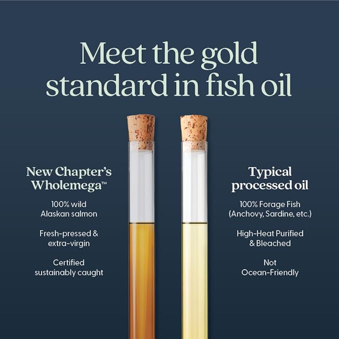 New Chapter Wholemega Fish Oil Supplement Tiny Capsules 2000mg per Serving Clinically Proven Wild Alaskan Salmon Oil with Omega-3 + Vitamin D3 + Astaxanthin 500mg Each - 90 Count