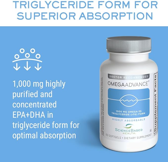 ScienceBased Health OmegaAdvance Omega-3 Fish Oil – Triglyceride Form with 1000 mg EPA &amp DHA – Plus Lutein &amp Zeaxanthin – Supports Heart Brain &amp Eye Health – Lemon Coated – 60 Softgels