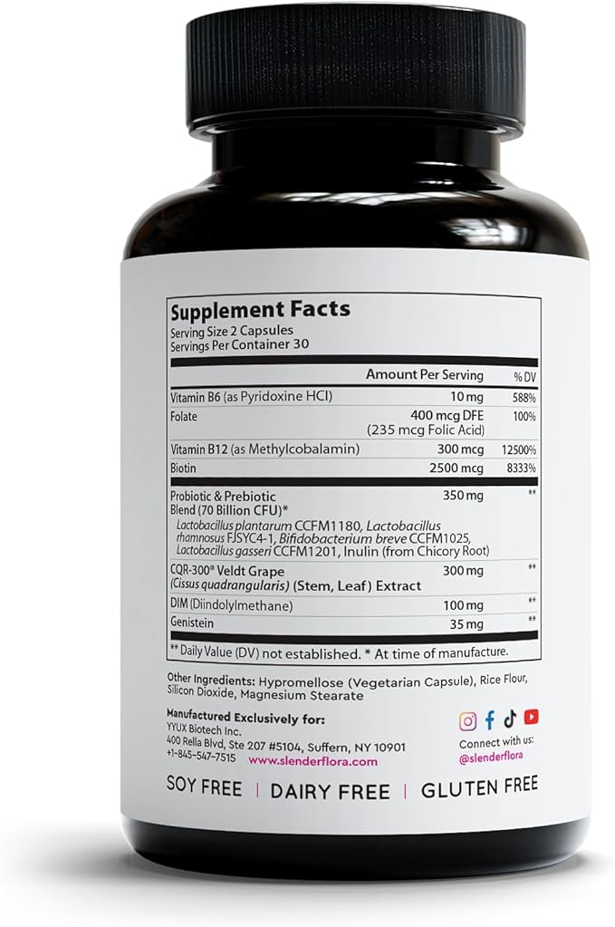 SlenderFlora - Menopause Probiotic Supplement | Weight Management Hot Flashes Night Sweats Bloating | 70 Billion CFU | Gluten Soy &amp Dairy Free | 60 Count