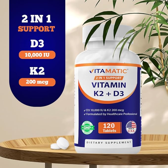 Vitamatic Vitamin D3 K2 Supplements with 10000 IU Vitamin D + 200mcg Vitamin K MK-7 120 Tablets Bone Heart Immune &amp Calcium Support - 2 Pack