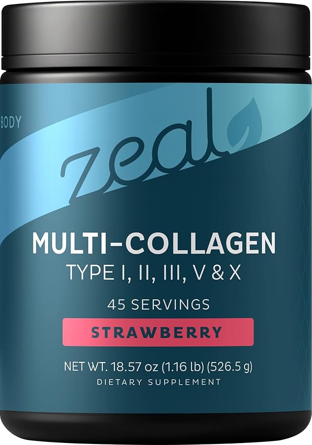 Zeal Naturals Multi Collagen Protein Peptides Powder Types I II III V X - Vitamin C Biotin &amp Hyaluronic Acid - Hair Skin &amp Nails - Marine Bovine Chicken &amp Eggshell - Strawberry 45 Ser