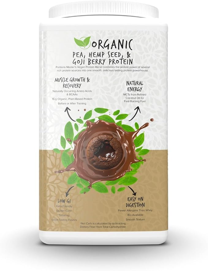 Portions Master Vegan Protein Blend Complete Plant Based Protein Powder with Pea Hemp Seed Goji Blend Medium Chain Triglycerides (750g Chocolate)