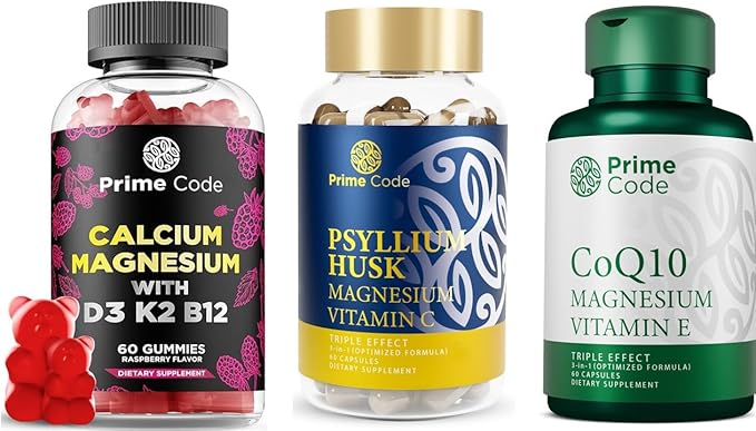 Prime Code Calcium Gummies for Women &amp Men with Magnesium Vitamin B12 Vitamin K2 &amp Vitamin D3 Psyllium Husk Capsules with Magnesium Citrate and Vitamin C CoQ10 250mg with Magnesium