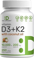 DEAL SUPPLEMENT Vitamin D3 10000 IU + K2 MK7 200mcg Softgels 250 Count | 2-in-1 Complex with Virgin Coconut Oil | Easy to Swallow