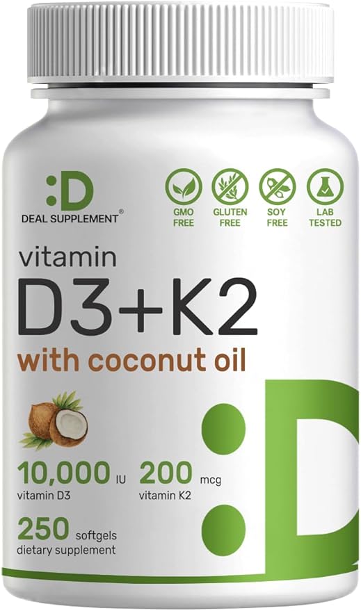 DEAL SUPPLEMENT Vitamin D3 10000 IU + K2 MK7 200mcg Softgels 250 Count | 2-in-1 Complex with Virgin Coconut Oil | Easy to Swallow
