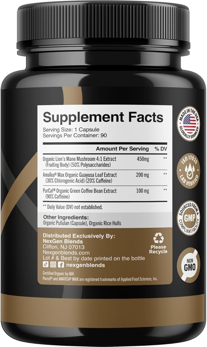 100% Organic Mushroom Coffee Capsules - Natural Energy Supplement with 130mg Caffeine from Clinically Proven Patented Green Coffee Bean &amp Guayusa Extracts for Jitter-Free Energy &amp Focus (90 Se