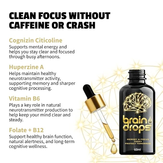 EarlyBird Brain Drops Brain Supplements for Memory and Focus Vitamin B Complex with Cognizin Citicoline Huperzine A B6 Folate and B12 Memory and Cognitive Support Non-Caffeinated Vegan Formula