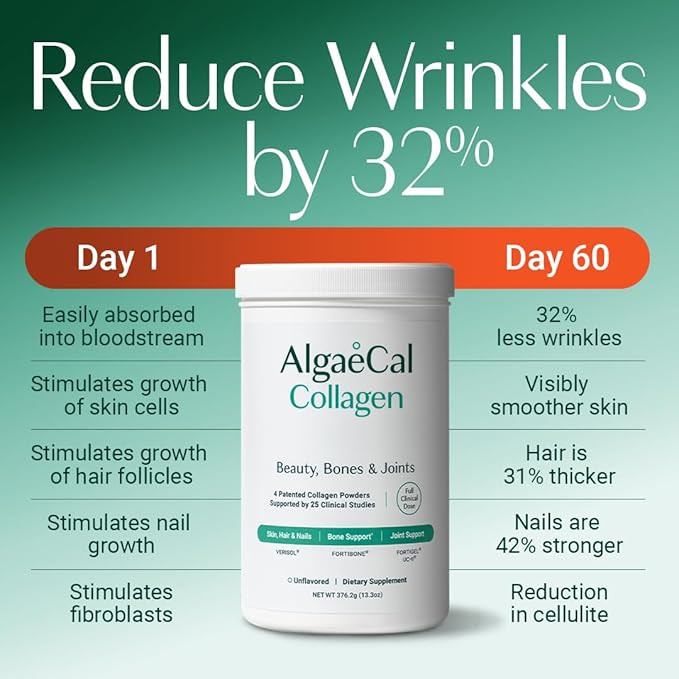 ALGAECAL Collagen - 4 Clinically-Supported Peptides VERISOL® FORTIGEL® UC-II® FORTIBONE® Collagen Powder 3 Packs Magnesium Relax™ - Chelated Magnesium with Ashwagandha (60 Caps)