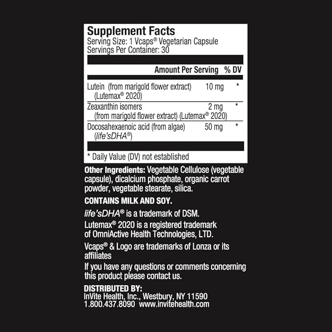 Invite Health Lutein Plus Hx® - Support for Macular and Overall Vision Health - Provides Lutein 10 mg Zeaxanthin 2 mg and DHA 50 mg - 30 Vegetarian Capsules