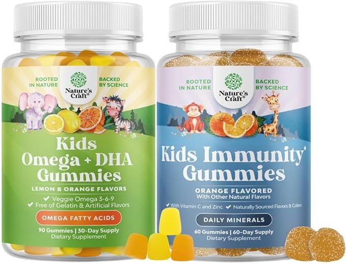 Bundle of Kids DHA Omega 3 Gummies - Fish Free with Vegetarian 6 9 for Vision Brain &amp Immunity and Kids Immunity Support Gummies Vitamin C with Zinc &amp Echinacea Immune Booster Supplement for C