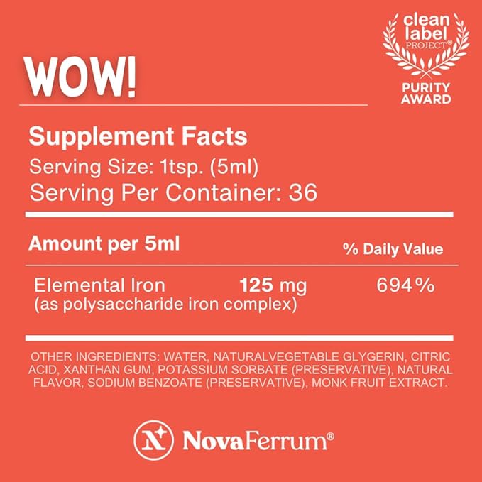 NovaFerrum Wow 125 High Potency Liquid Iron Supplement for Adults Iron Deficiency 125mg of Iron Per 5mL Dose Vegan Verified Gluten Free Certified Sugar Free