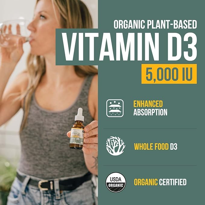 Plant-D3 Organic Vitamin D3 5000 IU - Vegan Max Strength Sublingual Liquid D3 Drops - 200% Higher Absorption - 100% Plant-Based Cholecalciferol Form - Adjustable Dosing for All Ages (1oz Liquid)