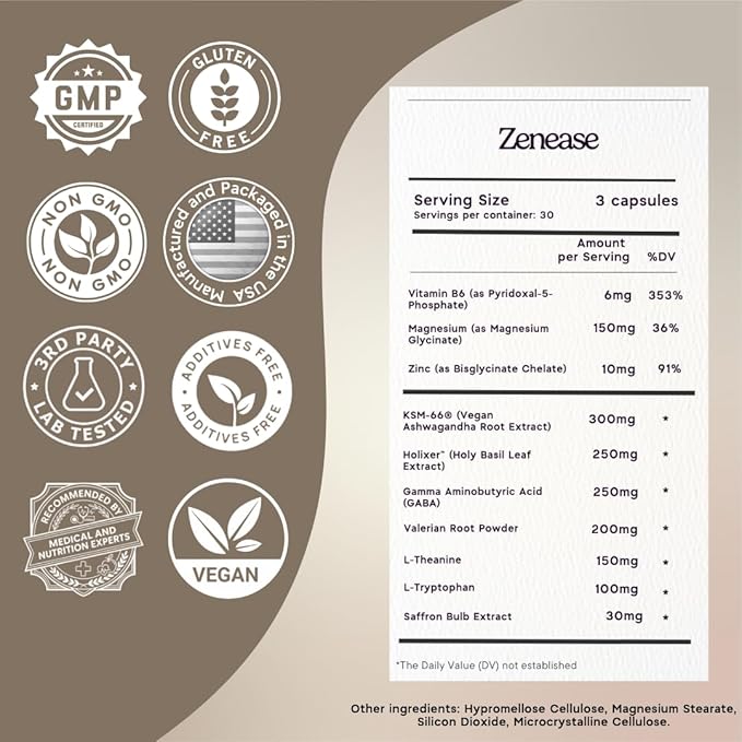 Zen Principle Zenease Sleep Support with Magnesium Glycinate Ashwagandha KSM-66® Saffron L-Theanine &amp GABA – No Melatonin Natural Stress Relief &amp Sleep Aid. 180 Capsules