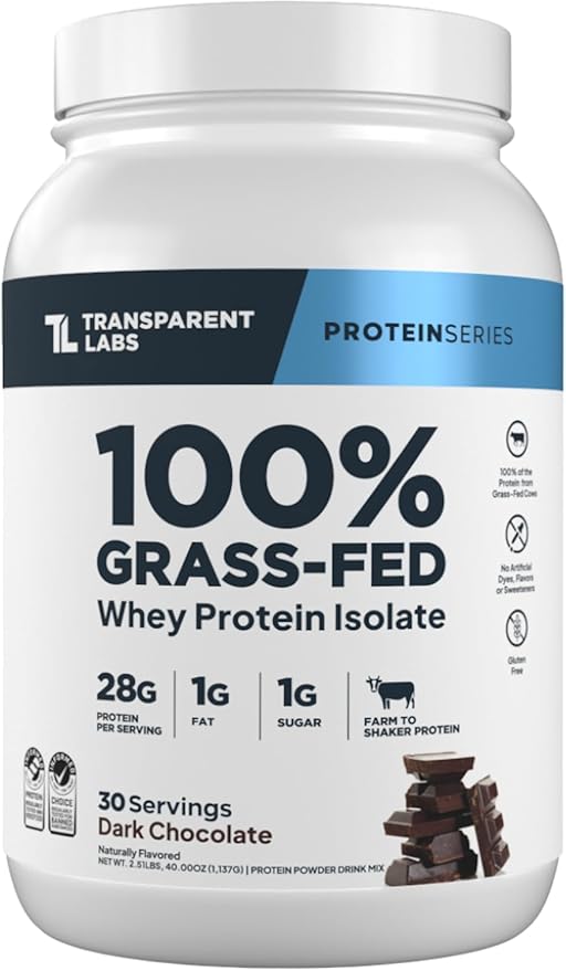 Transparent Labs Grass-Fed Whey Protein Isolate - Naturally Flavored Gluten Free Whey Protein Powder with 28g of Protein per Serving &amp 9 Amino Acids - 30 Servings Dark Chocolate