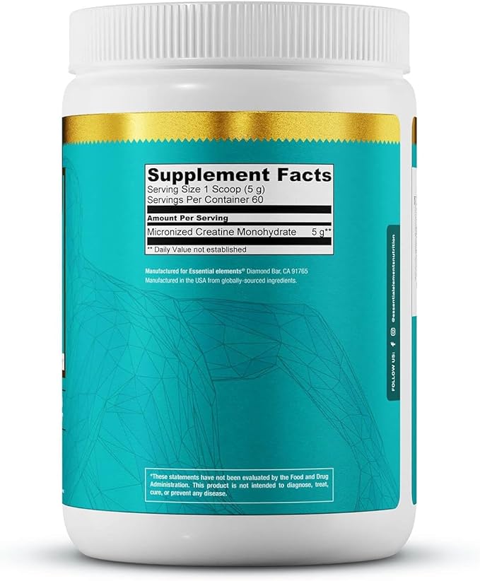 Essential Elements Micronized Creatine Monohydrate Powder for Men &amp Women - Unflavored &amp Easily Dissolved - 60 Servings (2 Pack)