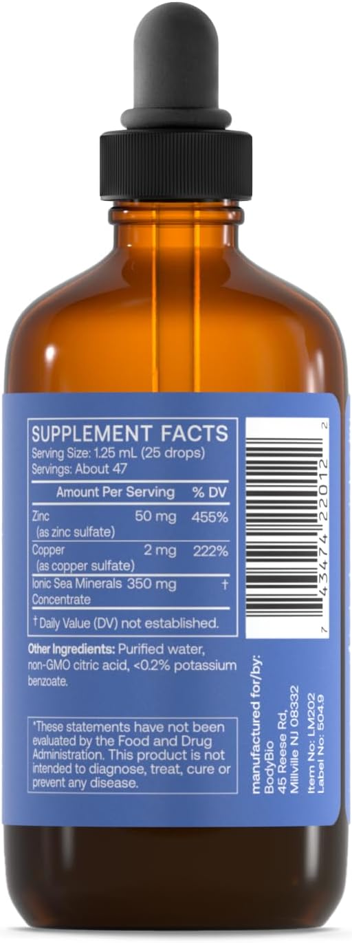 BodyBio Ionic Liquid Zinc Drops 2 oz | Immune Health &amp Cell Repair | Antioxidant | Ultimate Absorption | No Additives | Concentrated Liquid Zinc Supplement for Adults &amp Kids