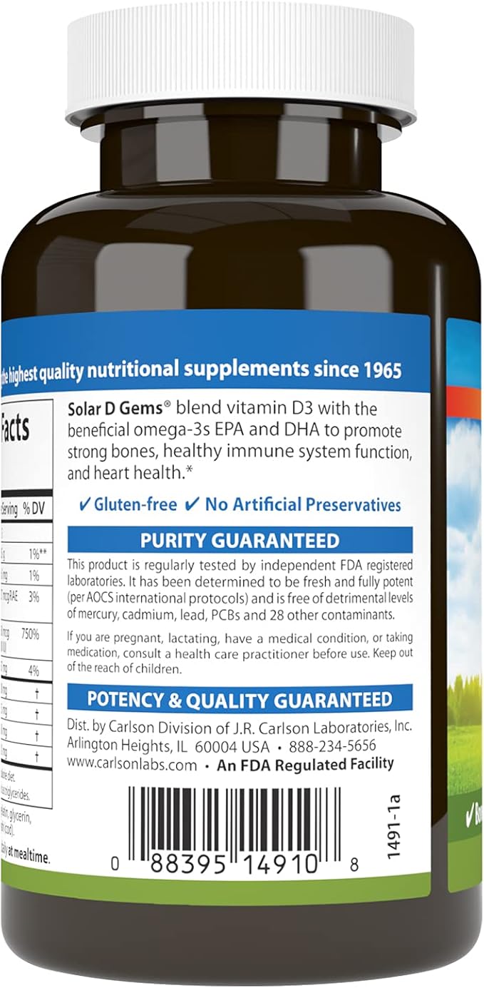 Carlson - Solar D Gems Vitamin D3 and Omega-3 Supplement 6000 IU (150 mcg) Vitamin D3 115 mg Omega-3s EPA and DHA Supplement Wild Caught Sustainably Sourced Lemon 120 Softgels
